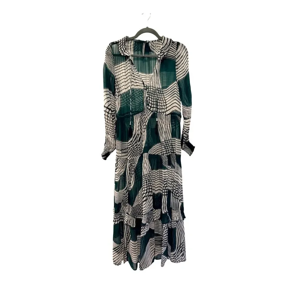 Anthropologie XS Marais Geometric Printed Sheer Chiffon Maxi Dress Boho Green - Picture 2 of 13
